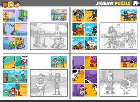 jigsaw puzzle game set with cartoon fantasy characters vector