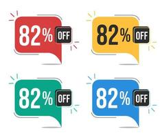 82 percent off. Red, yellow, green and blue tags with eighty-two percent discount. Banner with four colorful balloons with special offers vector. vector