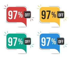 97 percent off. Red, yellow, green and blue tags with ninety-seven percent discount. Banner with four colorful balloons with special offers vector. vector