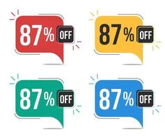 87 percent off. Red, yellow, green and blue tags with eighty-seven percent discount. Banner with four colorful balloons with special offers vector. vector