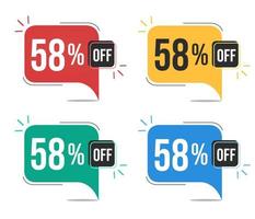 58 percent off. Red, yellow, green and blue tags with fifty-eight percent discount. Banner with four colorful balloons with special offers vector. vector