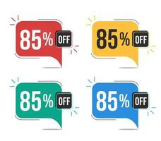 85 percent off. Red, yellow, green and blue tags with eighty-five percent discount. Banner with four colorful balloons with special offers vector