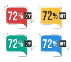 72 percent off. Red, yellow, green and blue tags with seventy-two percent discount. Banner with four colorful balloons with special offers vector. vector