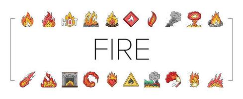 flame hot fire burn bonfire heat icons set vector