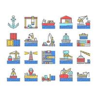 conjunto de iconos de colección de herramientas de puerto de contenedores vector