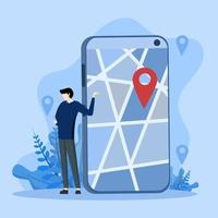 uso de aplicaciones para mapas e indicaciones, búsqueda de ubicaciones por teléfono, mapas de ciudades en línea, aplicaciones gps en la pantalla del teléfono. personaje de pie con la mano sosteniendo el teléfono inteligente. vector