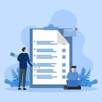 complete job, job report with tick, work checklist,Employee is checking report accuracy, Mark correctly after verification, Team work, Flat design vector illustration