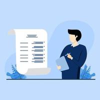 the man is writing down important information on paper, Vector illustration flat blue background