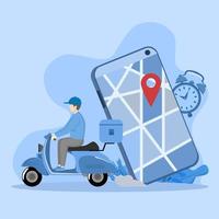 Online transportation concept, Fast delivery with online smartphone ordering service, Courier rides scooter to home, Delivery service track website background landing page vector