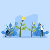 expand idea for creation of new innovation, creativity, lamp concept means idea, business concept analysis, vector illustration of two creative people, icon design background