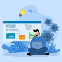 web developer job concept, Freelance worker,A man sitting and working with his laptop, Website developer system management, Modern innovation, Blue tone background vector illustration