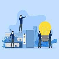 juntos para encontrar ideas de negocios, concepto de trabajo en equipo, colaboración para crear ideas de innovación modernas, análisis de ideas para expandir los negocios y el marketing, ilustración vectorial plana azul vector