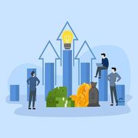 analysis of economic growth and investment, education strengthen financial idea, money, Group of businessmen analyze marketing strategy to increase business sales, flat blue vector illustration banner