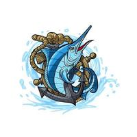 Illustration of a Blue Marlin with a ship's anchor and rudder. Fishing team logo