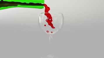 3D-Animationsvideo einer grünen Glasflasche, die roten Traubensaft in ein Weinglas gießt video
