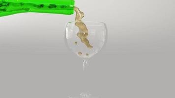 Vídeo de animação 3D de garrafa de vidro verde derramando suco de uva branca em copo de vinho video