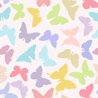 Fondo de diseño de patrón de repetición sin costuras de mariposa. ilustración vectorial siluetas de mariposas y polillas de colores aleatorios, lindo patrón pastel femenino vector