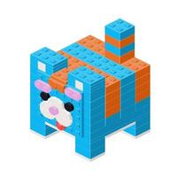 Striped square cat, a toy assembled from plastic blocks and isometric bricks. vector clipart