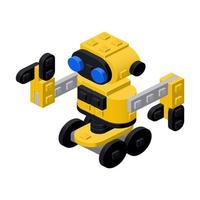 Yellow robot on wheels, assembled from plastic bricks. Vector