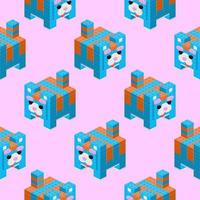 Pattern of cats assembled from plastic blocks on a pink background in isometric style for print and design.Vector illustration. vector