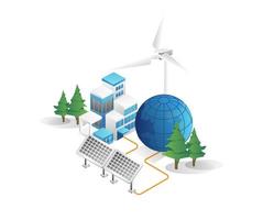 Flat isometric 3d illustration concept of solar electric energy vector