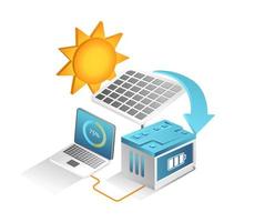 concepto de ilustración 3d isométrica plana de mantenimiento de paneles solares con computadora vector