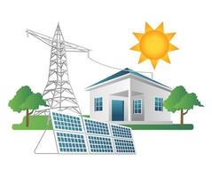 Flat isometric 3d illustration concept of house electricity pole line with solar panel energy vector