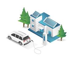 concepto de ilustración 3d isométrica plana de carga de automóviles eléctricos en el hogar vector