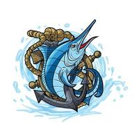 Illustration of a Blue Marlin with a ship's anchor and rudder. Fishing team logo. vector