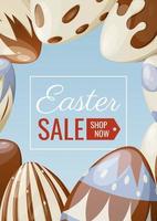 Easter sale. Chicken eggs decorated with chocolate around a frame with text. Vector illustration for the spring holiday. For banner, poster, flyer