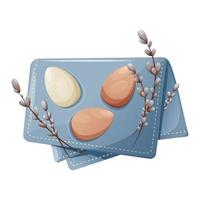 Chicken eggs on a towel with willow branches. Easter theme. Vector illustration, cartoon style, isolated background. View from above.