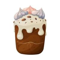 Traditional easter cake decorated with white glaze, meringue and chocolate. Isolated vector illustration, cartoon style. Sweet flour product for the holiday