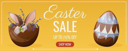 Easter sale. Hare ears and eggs decorated with chocolate, willow twigs. Vector illustration for the spring holiday. Bright horizontal banner, flyer, poster