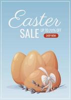 Easter sale. Chicken eggs of natural color with a bow and willow branches. Vector illustration for the spring holiday. Vertical banner, flyer, poster