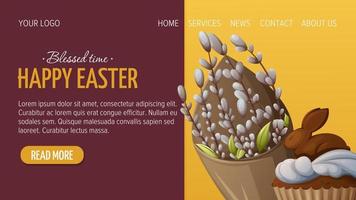 diseño de página web para felices pascuas. un ramo de ramas de sauce y una magdalena con un conejito de chocolate. ilustración vectorial, plantilla para póster, banner, sitio web. vector