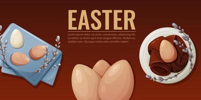 Easter banner with holiday attributes, chicken eggs on a towel and plate, willow twigs. Place for text. Horizontal poster, red background. vector