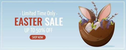 Easter sale. A bunny sits in a chocolate egg, willow twigs. Vector illustration for the spring holiday. Horizontal banner, flyer, poster