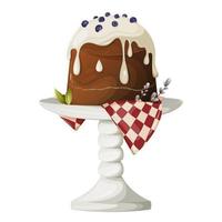 Easter cake on a stand with a towel, decorated with white icing and blueberries. Willow branches. Festive baking, spring theme. Vector illustration, cartoon style, isolated background.