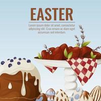 Easter cake, red eggs on a stand, willow branches. Square background with place for text. Vector illustration for spring religious holiday. For banner, poster, postcard