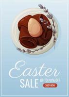 Easter sale. Chicken egg of natural color on a plate with a towel, willow twigs. Vector illustration for the spring holiday. Vertical banner, flyer, poster