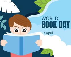 illustration vector graphic of boy reading a book, showing clouds background, perfect for international day, world book day, celebrate, greeting card, etc.