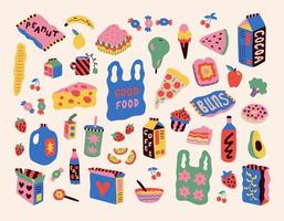 Set of stickers with drawn food. Drawing style. Various colorful drinks, cupcakes, donuts, fruits, coffee, fanans. Hand drawn fashion vector illustration.