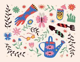 A set of stickers with drawn things for the garden. Drawing style. Various colorful spatulas, flowers, plants, butterflies, glasses. Hand drawn fashion vector illustration.