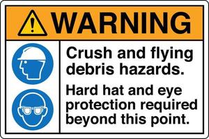 Safety Sign Marking Label Symbol Pictogram Standards Warning Crush and flying debris hazards Hard hat and eye protection required beyond this point vector