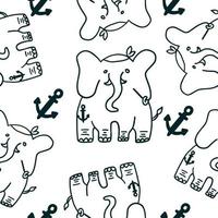 Elephant pirate. Seamless Pattern. Vector illustration in outline doodle style isolated on white background.