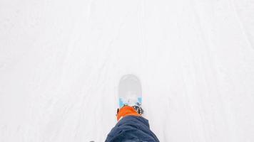 POV shot of snowboarder looking down at the front of his board video