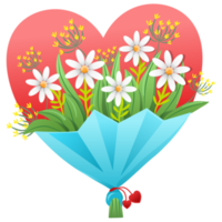 Bouquet of heart shaped flowers, daisies and leaves wrapped in blue wrapping paper for gift or anniversary png