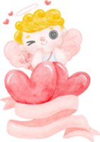 schattig waterverf gelukkig vrolijk glimlach Valentijn liefde Cupido jongen blond gekruld haar- Aan lint banier tekenfilm karakter hand- schilderij illustratie png