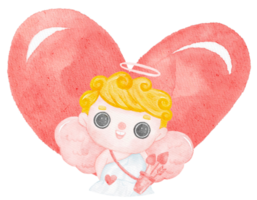 cute watercolour happy cheerful smile Valentine love cupid boy blonde curly hair on big red heart png