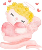 cute watercolour happy cheerful smile Valentine love cupid boy blonde curly hair on ribbon banner cartoon character hand painting illustration png